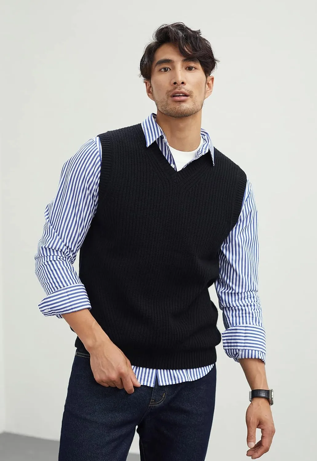zhilifs Mens V-Neck Knitted Sweater Sleeveless Pullover Knitwear Vest Solid Plain Loose Fit All Match Sweater Tops