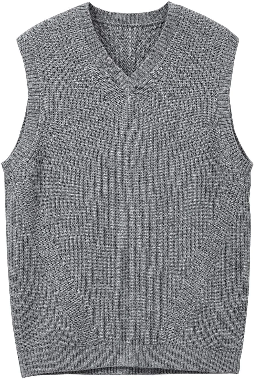 zhilifs Mens V-Neck Knitted Sweater Sleeveless Pullover Knitwear Vest Solid Plain Loose Fit All Match Sweater Tops