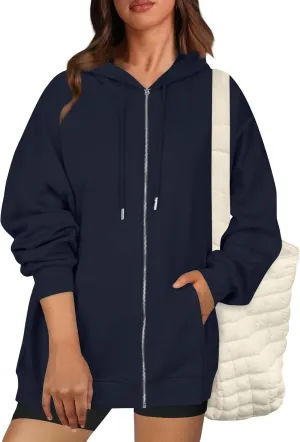 Zip Up Hoodie for Women 2024 Fall Oversized Sweatshirt Cute Long Sleeve Jacket Crewneck Hooded Outerwear with Pocket