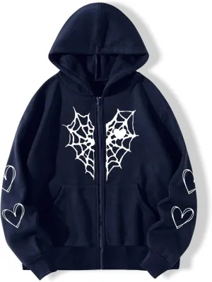 Zip Up Hoodies for Women Y2K Sweatshirt Spider Web Print Halloween Love Heart Goth Hooded Hoodie Hoody with Pockets