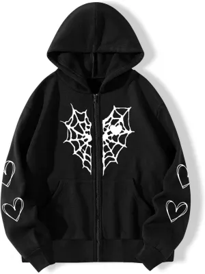 Zip Up Hoodies for Women Y2K Sweatshirt Spider Web Print Halloween Love Heart Goth Hooded Hoodie Hoody with Pockets