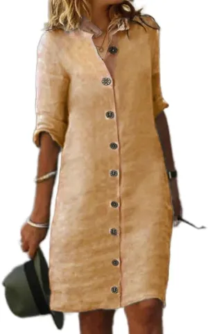ZOCAVIA Cotton Linen Shirt Dress for Women Fashion Button Down Half Sleeve V Neck Beach Casual Loose Fit Solid Midi Dresses