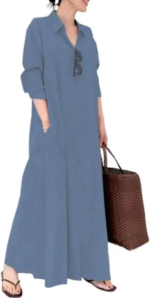 ZOCAVIA Women's Casual Cotton Linen Shirt Dress Polo Neck Long Sleeve Button-End Basic Loose Fit Dress with Pockets