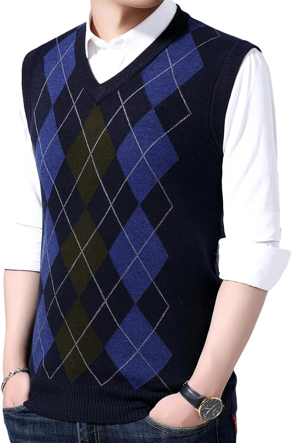 ZUEVI Men's Sweater Vests V-Neck Sleeveless Knitted Pullover Sweaters Relax Fit Classic Striped Vest Knitwear